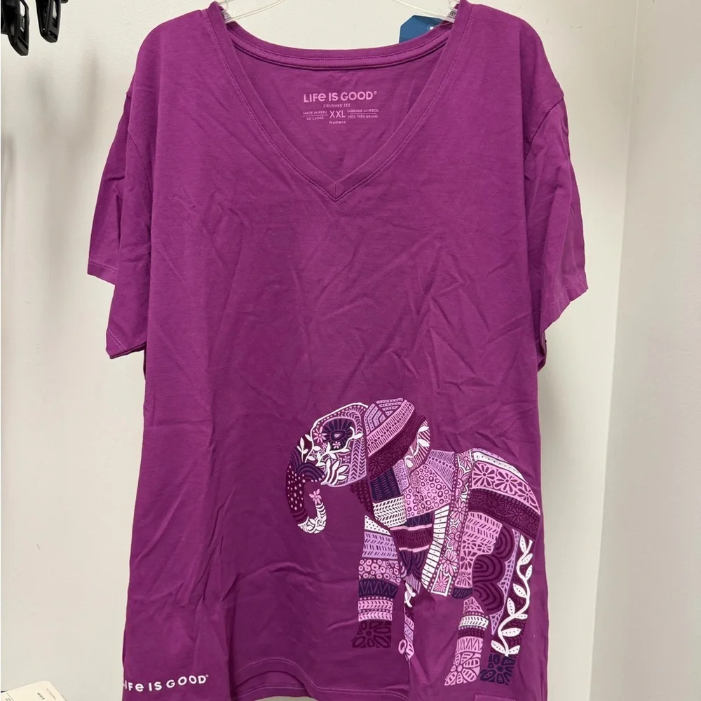 Life Is Good Purple Short Sleeve V-Neck Tee with Elephant Graphic - Picture 1 of 5